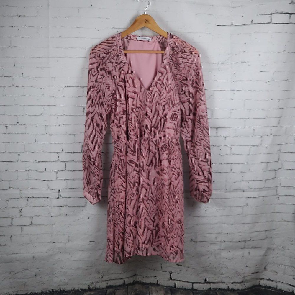 RESERVED PINK & PLUM ANIMAL PRINT WITH SILVER LONG SLEEVE V NECK MIDI DRESS